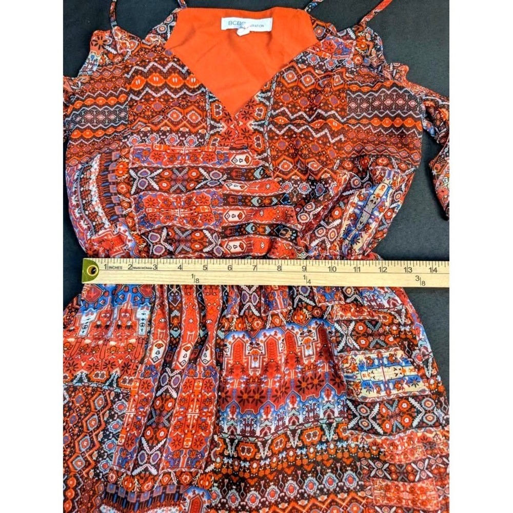 BCBGeneration ~ Romper ~ Size Small~ Orange/Multi Geometric/Cold Shoulder/V-Neck - Picture 6 of 8